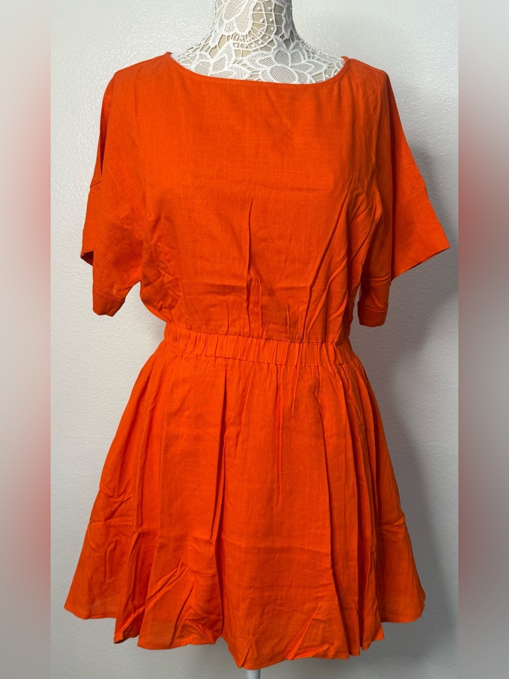 NWT Women's Orange Linen Elastic-Waist Short Sleeve Dress